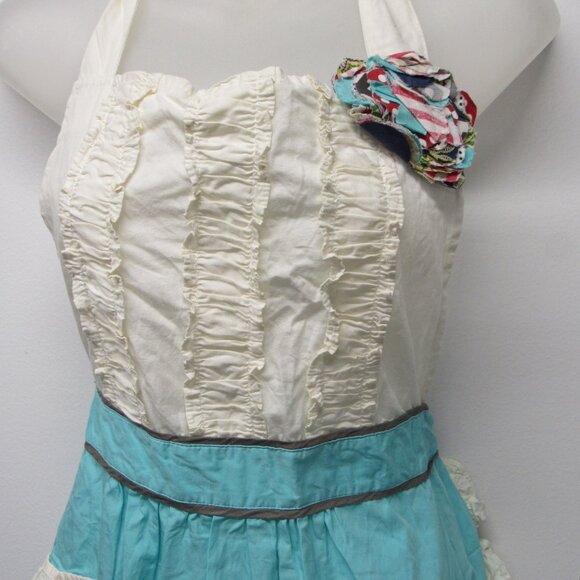 Anthropologie Tea & Crumpets Turquoise White Hostess Halter Apron Ruched - Picture 2 of 4